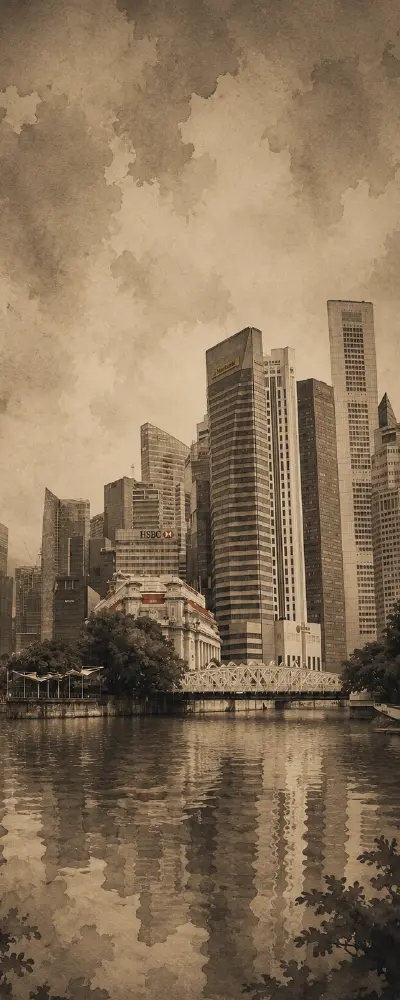 singapore-cbd-watercolor-art Vintage watercolor illustration of Singapore's Central Business District skyline.