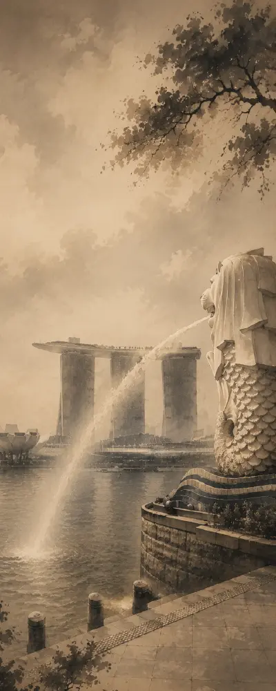 singapore-merlion-watercolor-art Vintage watercolor illustration of the Merlion and Marina Bay Sands in Singapore.